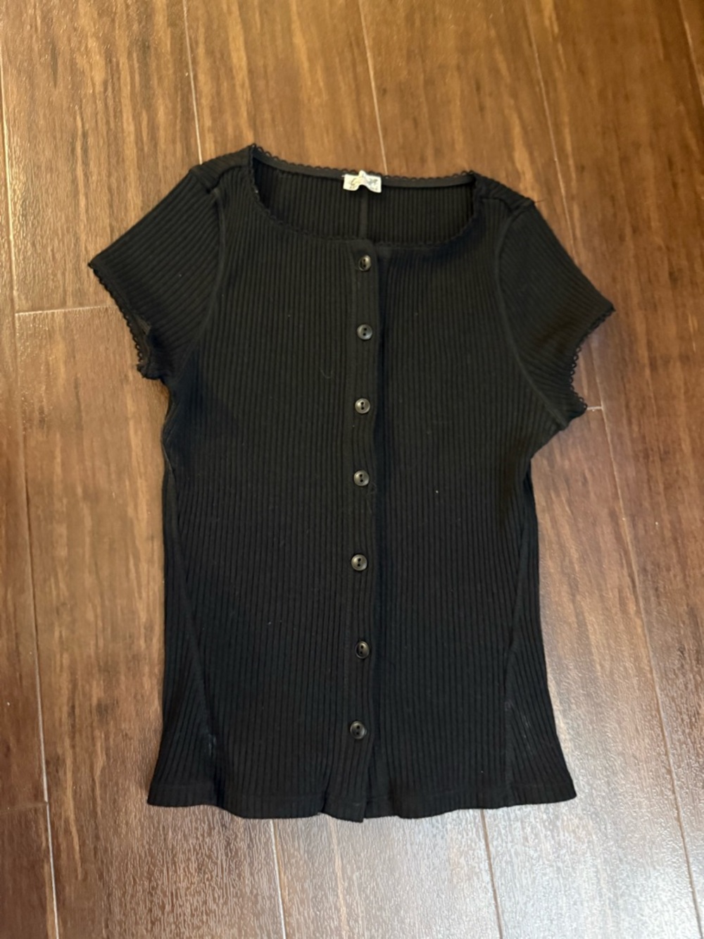 NEW Free People Black Ribbed Button-Front Short Sleeve Top in size S